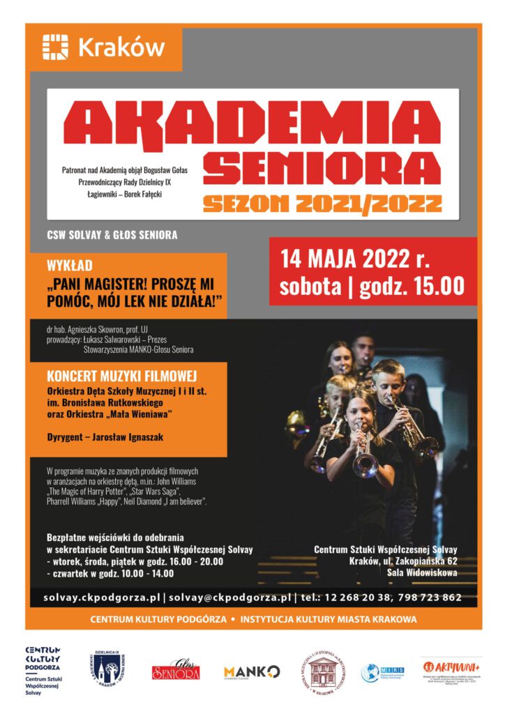 plakat informacyjny 2 wydarzeń Akademii Seniora - wykład i koncert muzyki filmowej
