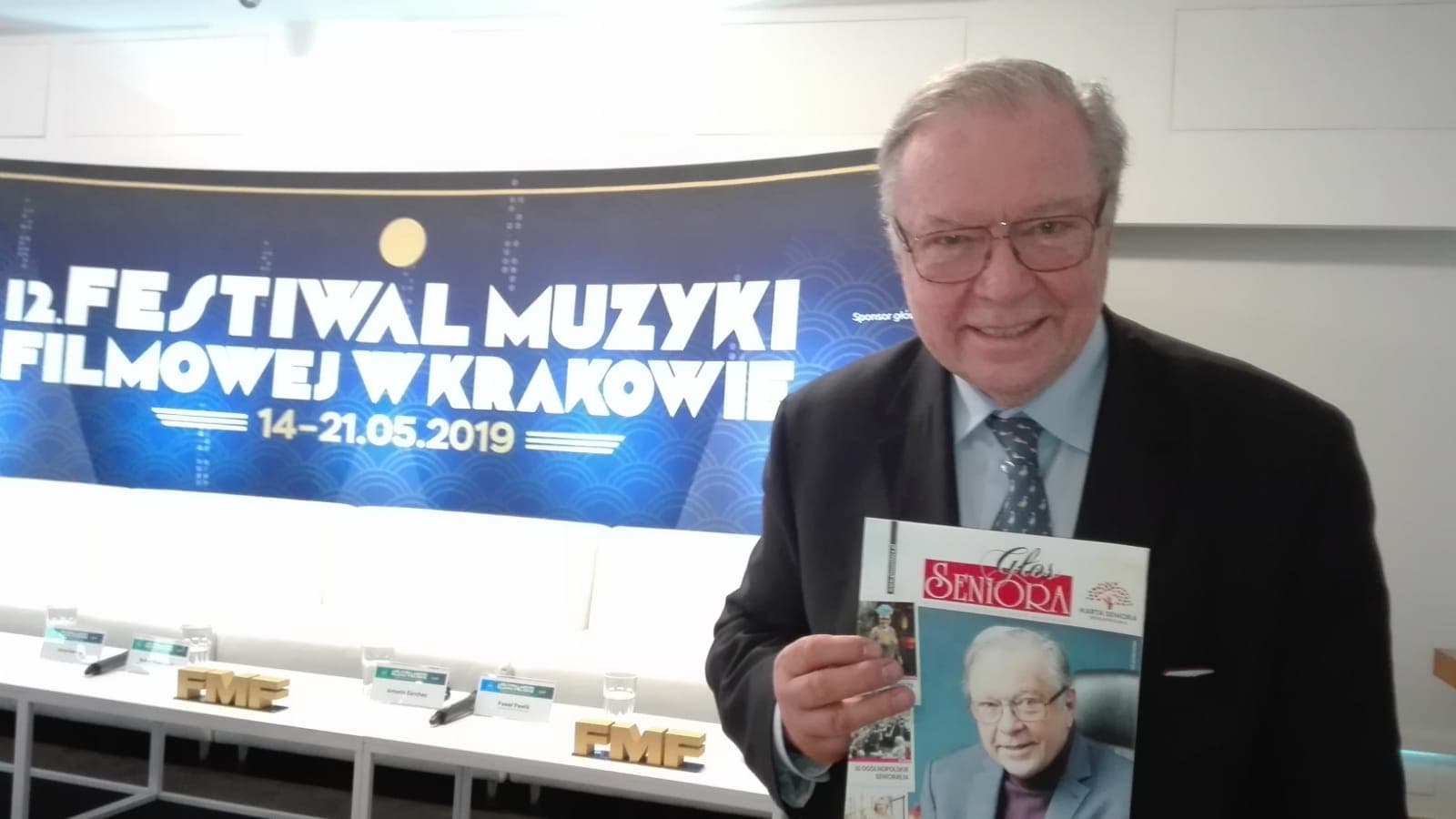 Krzysztof Zanussi Ambasador Głosu Seniora na konferencji prasowej dwunastego Festiwalu Muzyki Filmowej