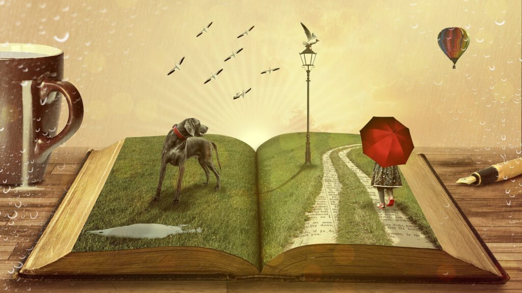 abstrakcyjna ilustracja na kwartach otwartej książki - dziewczynka idzie drogą pod parasolem, obok jest lampa, duży pies i kałuża  