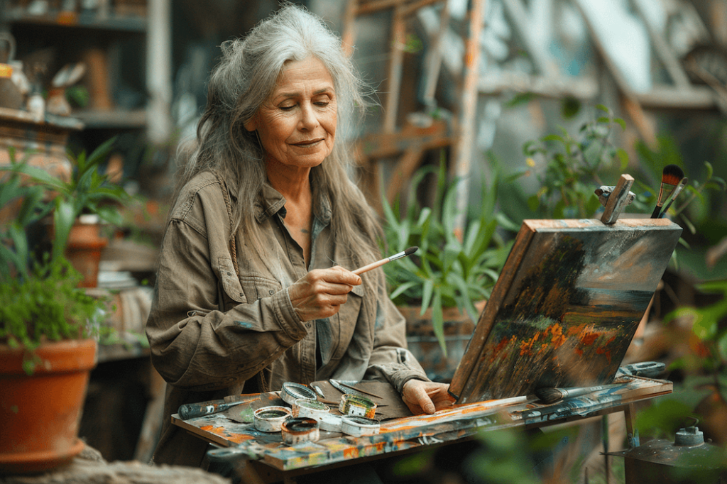 Starsza kobieta podczas malowania obrazu